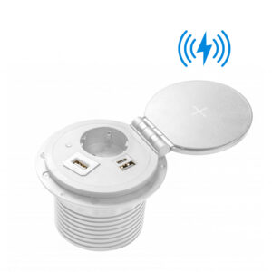 Priza incorporabila rotunda cu incarcator wireless 5W + 1 x priza Schuko + 1 x USB A + 1 x USB C + 3 mufe inlocuibile optional (USB A / HDMI / RJ49) alb AE-BPW1SACP-10
