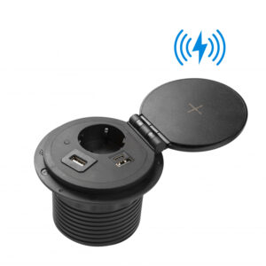Priza incorporabila rotunda cu incarcator wireless 5W + 1 x priza Schuko + 1 x USB A + 1 x USB C + 3 mufe inlocuibile optional (USB A / HDMI / RJ49) negru AE-BPW1SACP-20
